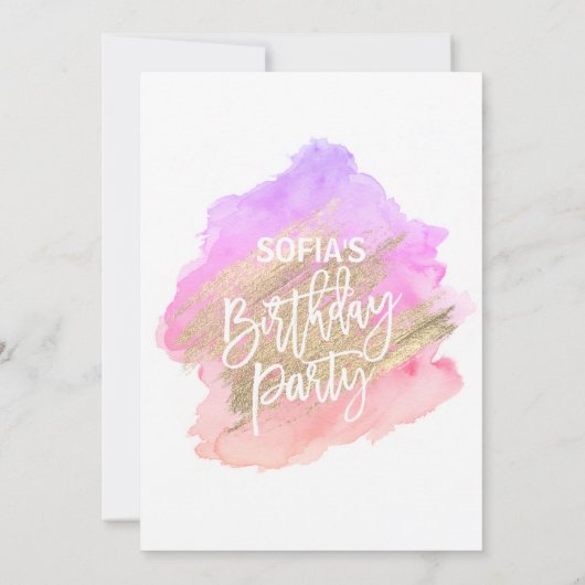 Modernes Aquarellpinken Lila Gold Geburtstag Einladung (Rückseite)