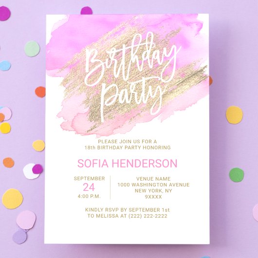 Modernes Aquarellpinken Lila Gold Geburtstag Einladung