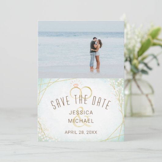 Modernes Aquarellriss Twig Bloom Geometrisches Fot Save The Date (Stehend Vorderseite)