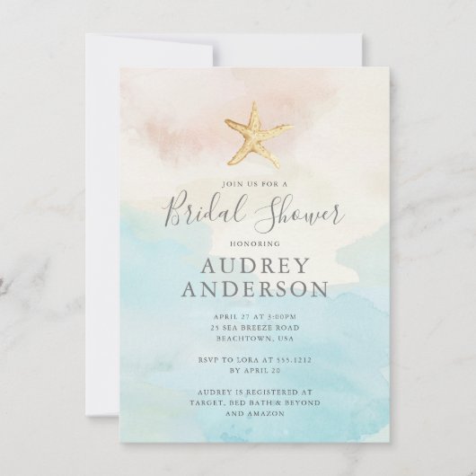 Modernes Aquarellstrand Geachtes Brautparty Einladung (Vorderseite)