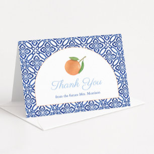 Modernes Arch Blue Tile Citrus Brautparty Dankeskarte