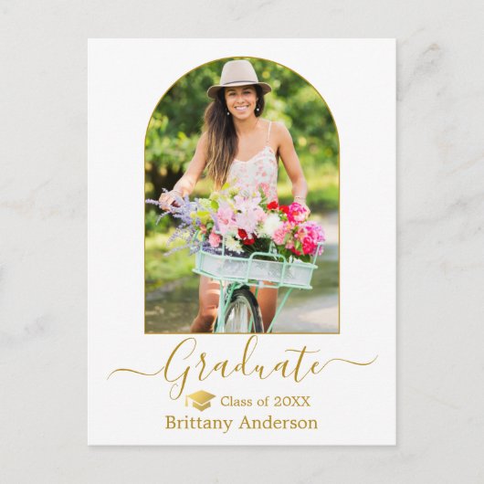 Modernes Arch Calligraphy Foto Gold Cap Abschluss Postkarte (Vorderseite)