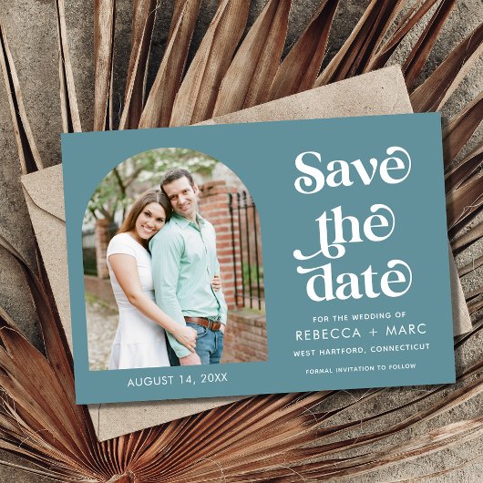 Modernes Arch-Foto Aquamarine Hochzeit retten das Save The Date
