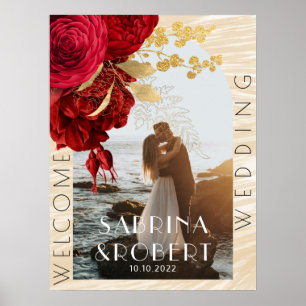 Modernes Arch Foto Burgund Blumenzwiebelhochzeit Poster