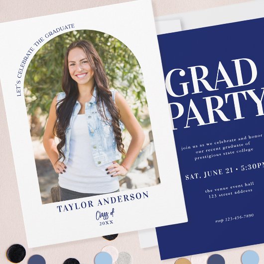 Modernes Arch Foto Elegante Blaue Graduierungspart Einladung