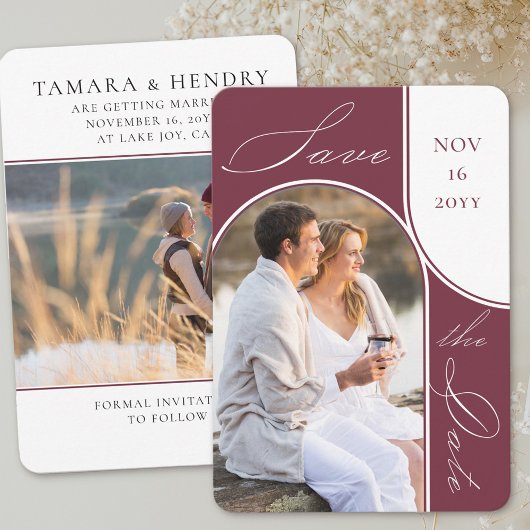 Modernes Arch Foto Elegante Kalligrafie Burgund Save The Date