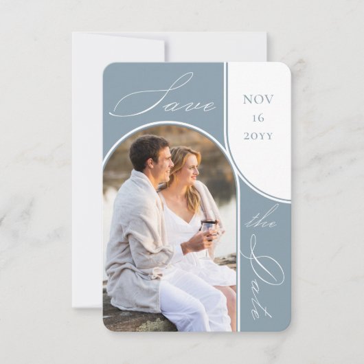Modernes Arch Foto Elegante Kalligrafie Dusty Blue Save The Date (Vorderseite)