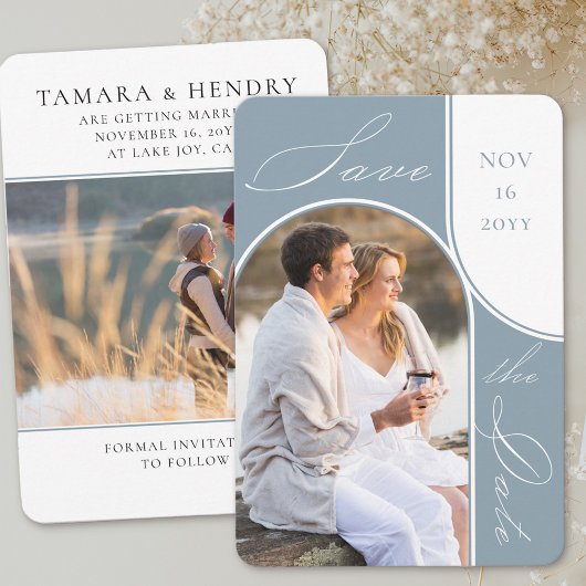 Modernes Arch Foto Elegante Kalligrafie Dusty Blue Save The Date