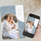 Modernes Arch Foto Elegante Kalligrafie Dusty Blue Save The Date