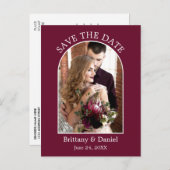 Modernes Arch Frame Foto Burgundy Save the Date Postkarte (Vorne/Hinten)