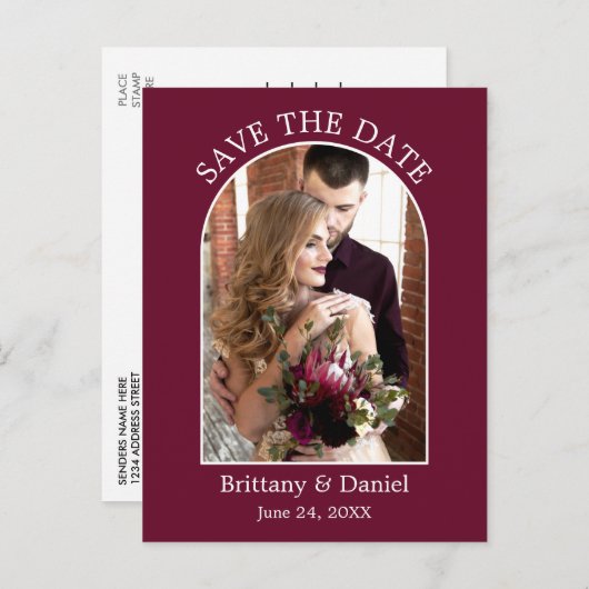 Modernes Arch Frame Foto Burgundy Save the Date Postkarte (Vorne/Hinten)