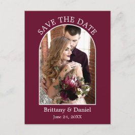 Modernes Arch Frame Foto Burgundy Save the Date Postkarte