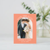 Modernes Arch Frame Foto Coral Save the Date Postkarte (Stehend Vorderseite)