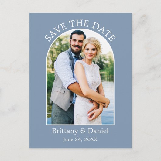 Modernes Arch Frame Foto Dusty Blau Save the Date Postkarte (Vorderseite)