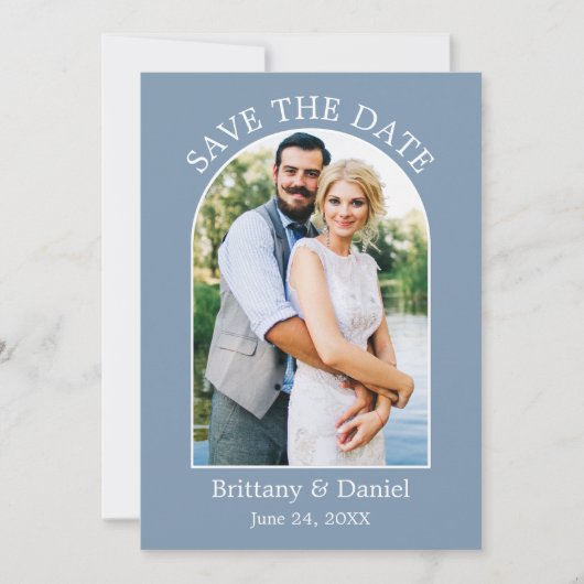Modernes Arch Frame Foto Dusty Blue Save The Date (Vorderseite)