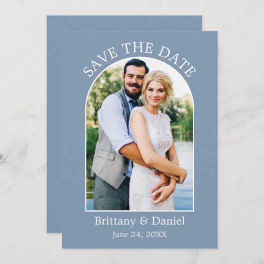 Modernes Arch Frame Foto Dusty Blue Save The Date (Vorne/Hinten)