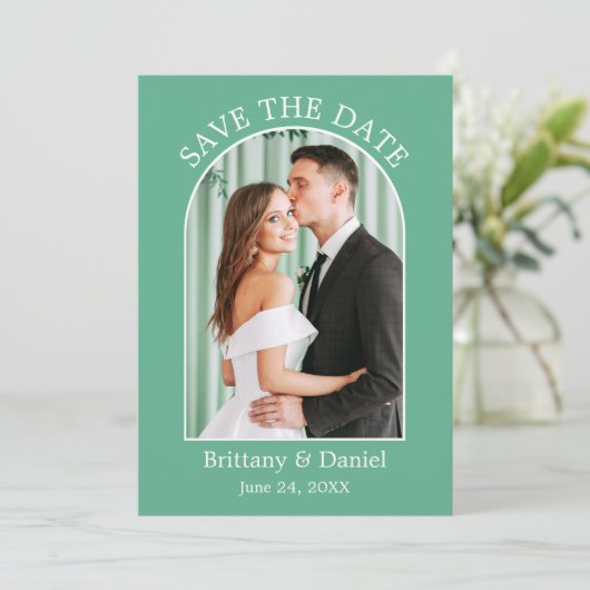 Modernes Arch Frame Foto Neo Mint Green Save The Date (Stehend Vorderseite)