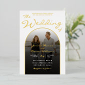 Modernes Arch Gold Foil Script & Foto Wedding Foil Folieneinladung (Stehend vorne)