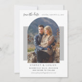 Modernes Arch Gray Wedding Foto Save The Date (Vorderseite)