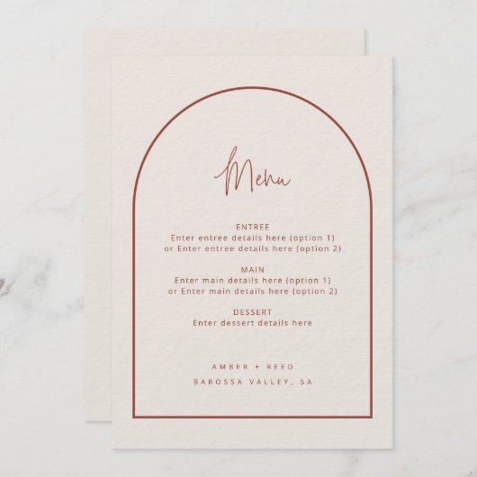 Modernes Arch Minimal Script Terracotta Wedding Me Menükarte (Vorne/Hinten)
