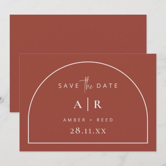 Modernes Arch Minimal Wedding Terracotta Script Save The Date (Vorne/Hinten)