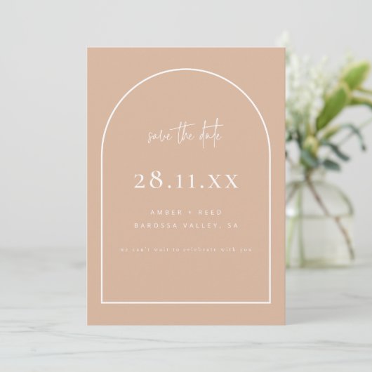 Modernes Arch Retro Minimalistisch Blush Dustrosa Save The Date (Stehend Vorderseite)