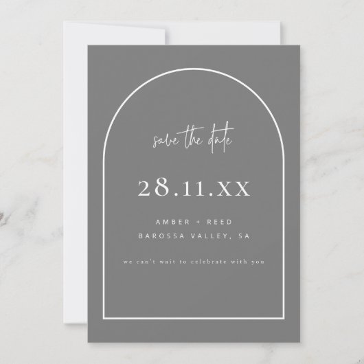 Modernes Arch Retro Minimalistisch Grau Save The Date (Vorderseite)