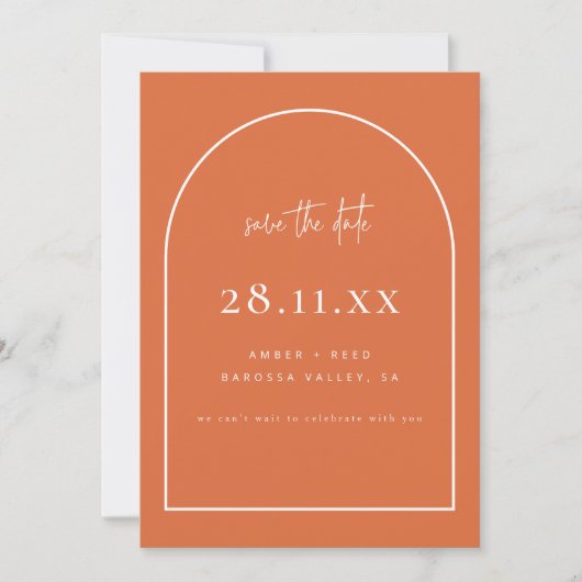 Modernes Arch Retro Minimalistisches Burnt Orange Save The Date (Vorderseite)