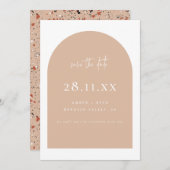 Modernes Arch Retro Terrazzo Rosa Skript Save The Date (Vorne/Hinten)