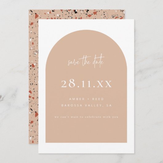 Modernes Arch Retro Terrazzo Rosa Skript Save The Date (Vorne/Hinten)
