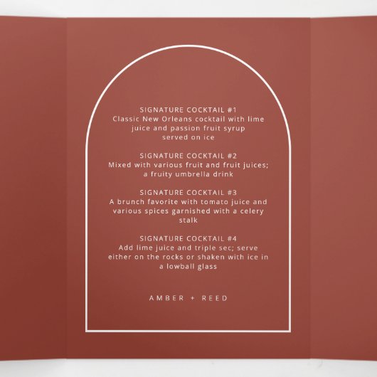 Modernes Arch Terracotta Drinks Menü für Hochzeite (Innenseite Mitte)
