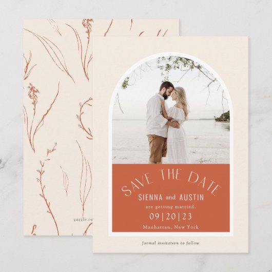 Modernes Arch Terracotta Wedding Foto Save the Dat Date (Vorne/Hinten)