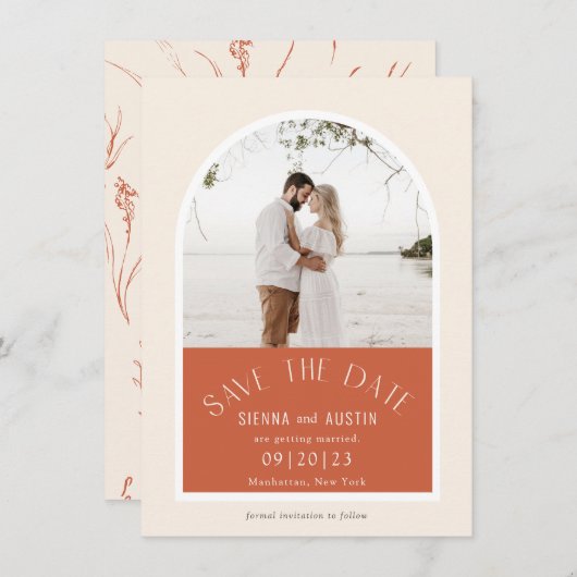 Modernes Arch Terracotta Wedding Foto Save the Dat Save The Date (Vorne/Hinten)