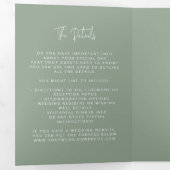 Modernes Arch Tying Knot Wedding Sage Green Script Dreifach Gefaltete Einladung (Innen Erste Seite)