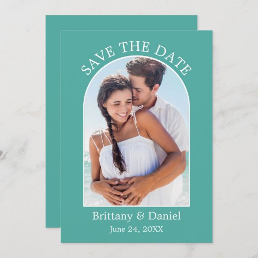 Modernes Arkeband-Foto Aquamarin Save The Date (Vorne/Hinten)