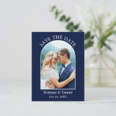 Modernes Arschrahmen Foto Save the Date blau Postkarte (Stehend Vorderseite)