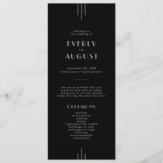 Modernes Art Deco Black Wedding Programm / EVERLY (Vorderseite)