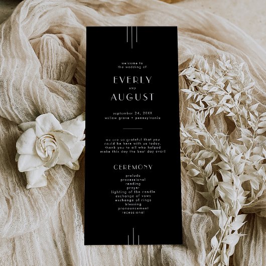 Modernes Art Deco Black Wedding Programm / EVERLY