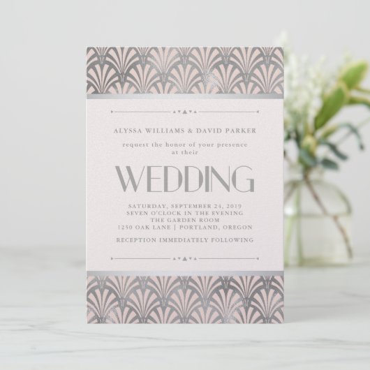 Modernes Art Deco | Blush and Imitats Silver Weddi Einladung (Stehend Vorderseite)