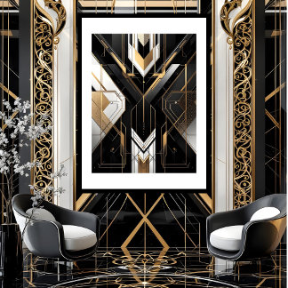 Modernes Art Deco Geometrisches Gold Schwarz-weiß Poster