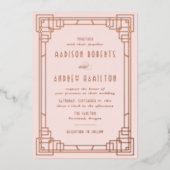 Modernes Art Déco Hochzeitsrot und Rose Gold Folieneinladung (Vorderseite)