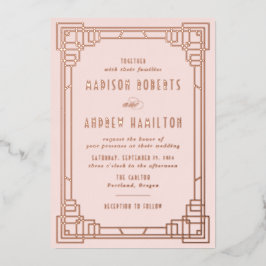 Modernes Art Déco Hochzeitsrot und Rose Gold Folieneinladung