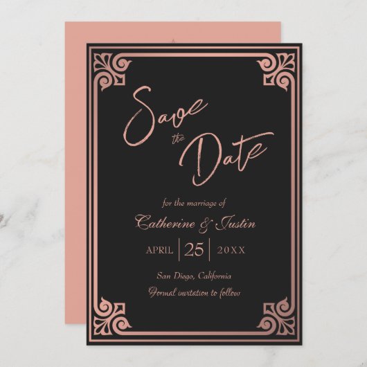 Modernes Art Deco Pink Black Peacock Foto Hochzeit Save The Date (Vorne/Hinten)