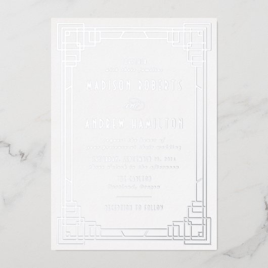Modernes Art Deco Wedding Silver Folieneinladung (Vorderseite)