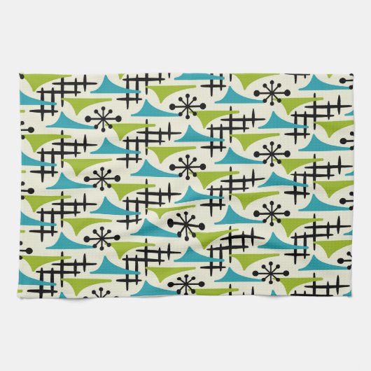 Modernes Atomzeitmuster Mitte des Jahrhunderts Geschirrtuch (Horizontal)