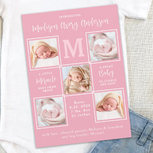 Modernes Baby 5 Foto Collage Neugeborene Rosa Gebu Ankündigung