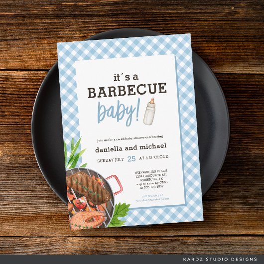 Modernes Baby Blue Gingham Barbecue Baby Dusche Einladung