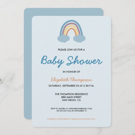 Modernes Baby Blue Rainbow Baby Dusche Einladung (Vorne/Hinten)