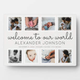 Modernes Baby Collage Willkommen bei unserem Weltn Fotoplatte
