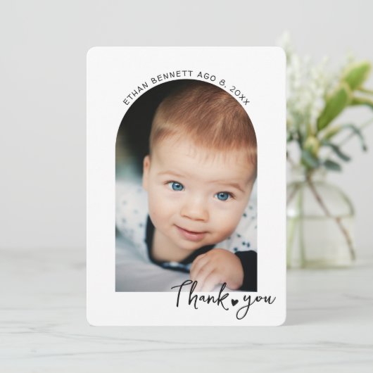 Modernes Baby-Dusche Foto Handgeschriebenes Minima Dankeskarte (Stehend Vorderseite)